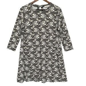 Loft Womens Black White Floral Print 3/4 Sleeve Shift Dress Size Medium Woodcut